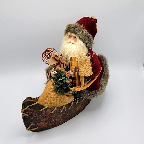 Vintage Santa Claus Figurine Riding In a Rustic Canoe w/ Presents - Picture 2 of 14